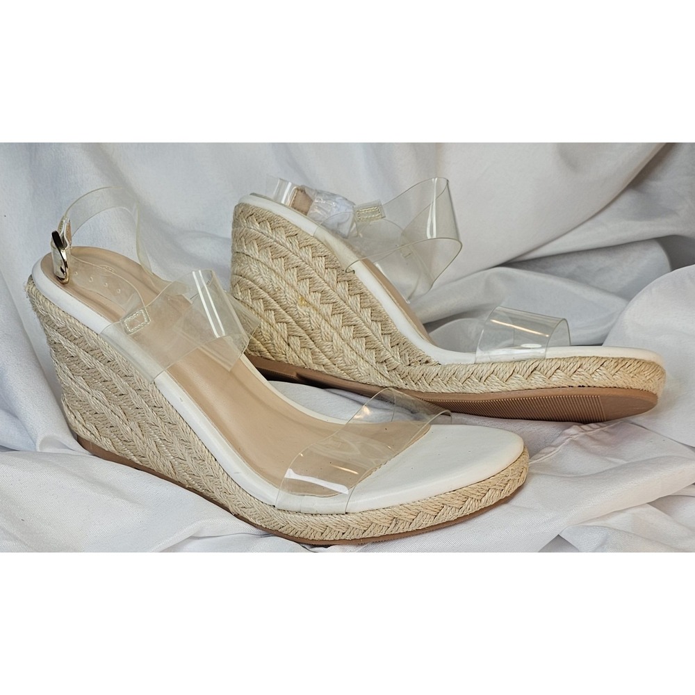 White Transparent Open Toe / Buckle - Beige Wedge… - image 2